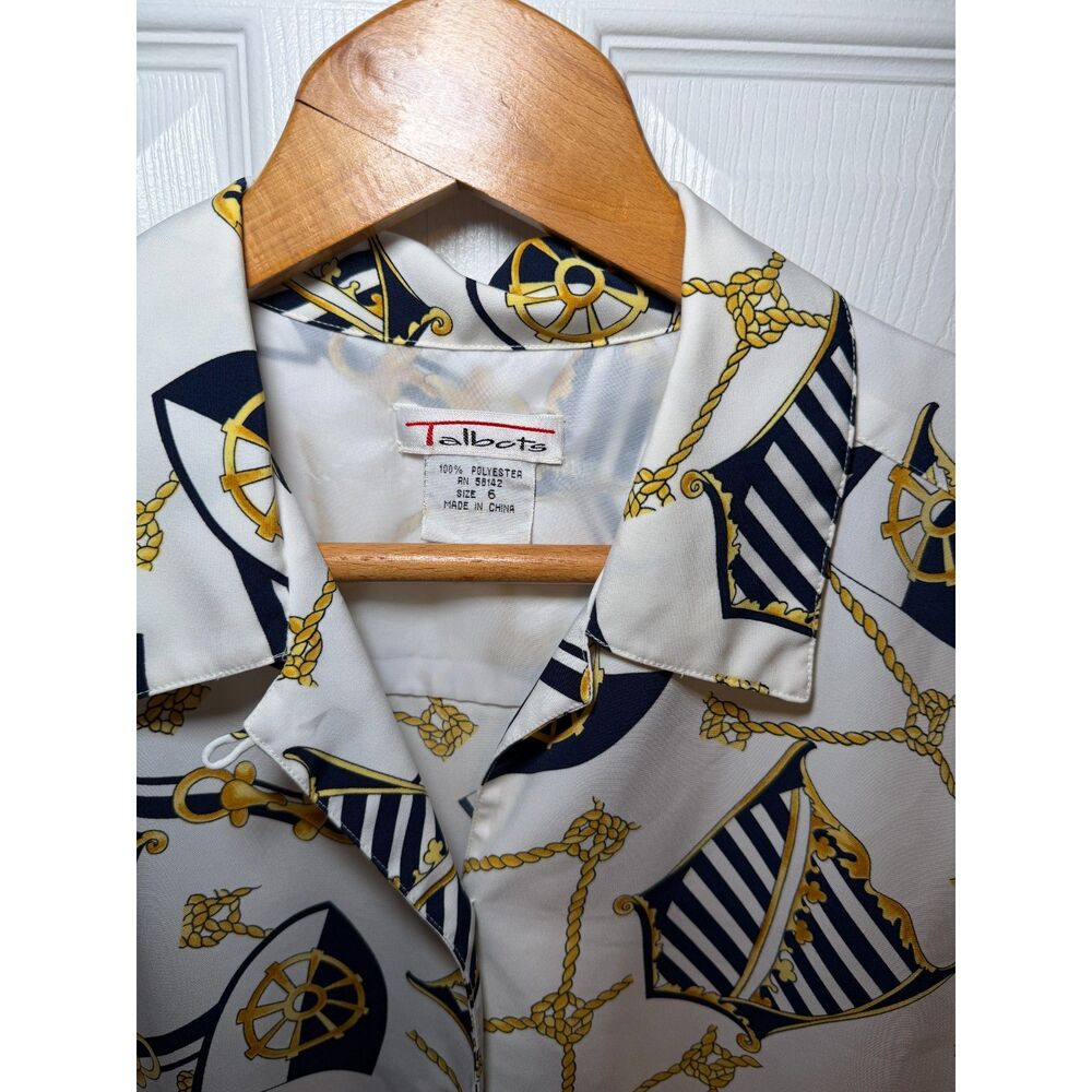 Talbots Nautical Sailboat Rope Print Button Front Blouse Women's Size 6 - Picture 3 of 4